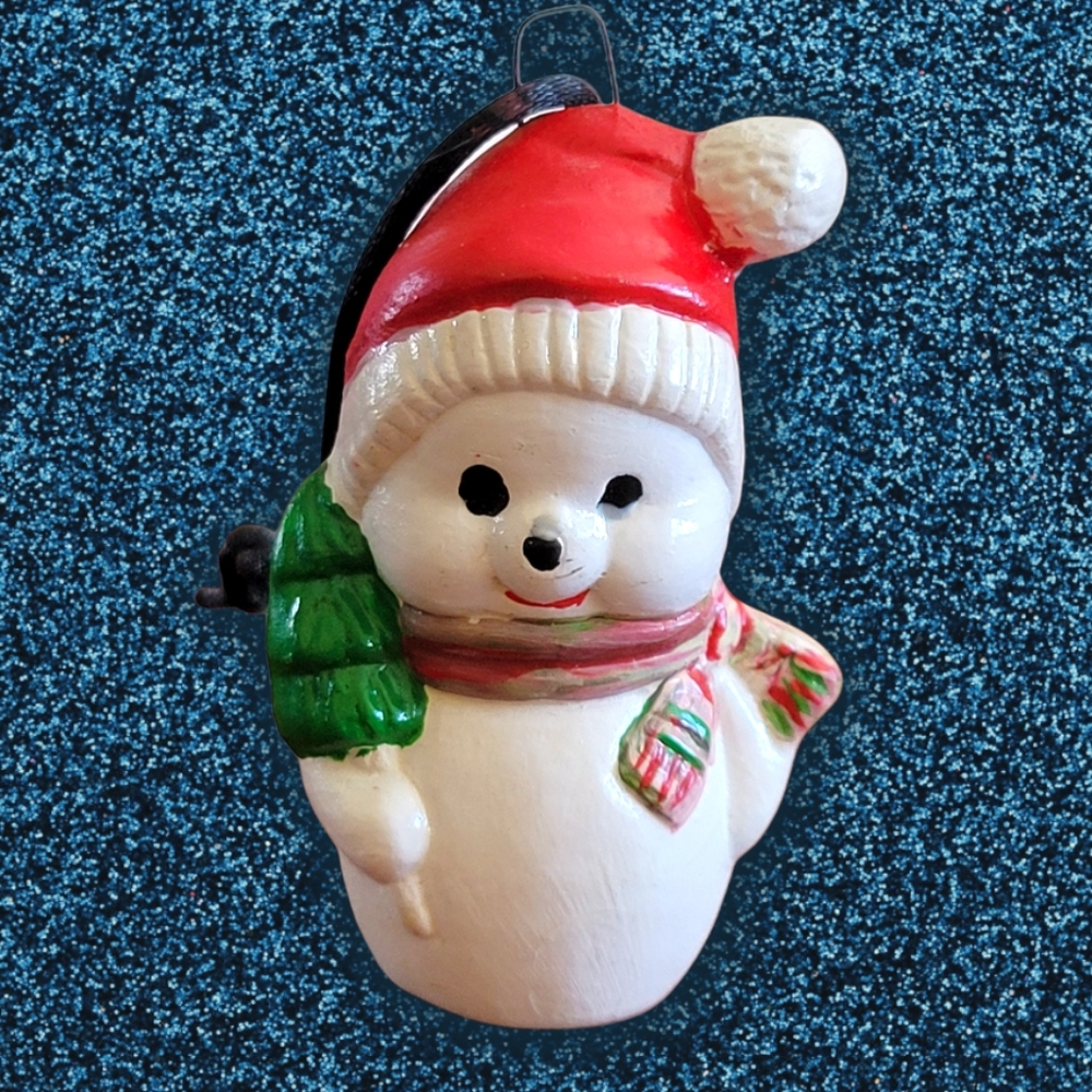 Vtg Snowman Ceramic Miniature Christmas Tree Winter Ornament